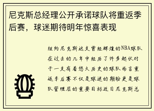 尼克斯总经理公开承诺球队将重返季后赛，球迷期待明年惊喜表现