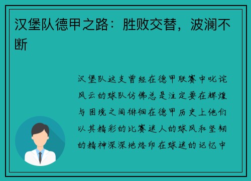 汉堡队德甲之路：胜败交替，波澜不断