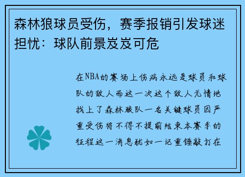 森林狼球员受伤，赛季报销引发球迷担忧：球队前景岌岌可危