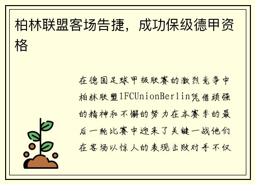 柏林联盟客场告捷，成功保级德甲资格