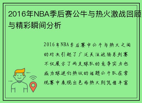 2016年NBA季后赛公牛与热火激战回顾与精彩瞬间分析