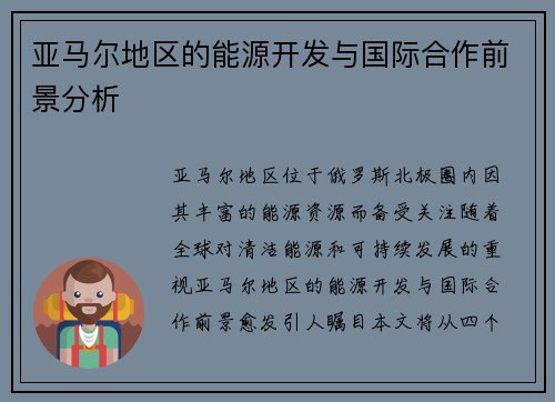 亚马尔地区的能源开发与国际合作前景分析