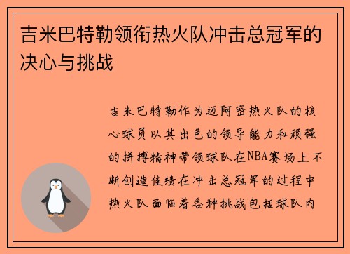 吉米巴特勒领衔热火队冲击总冠军的决心与挑战