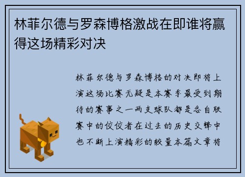 林菲尔德与罗森博格激战在即谁将赢得这场精彩对决