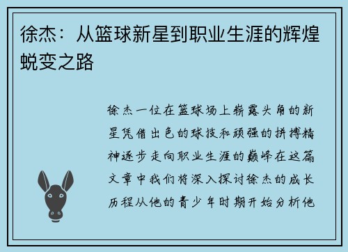 徐杰：从篮球新星到职业生涯的辉煌蜕变之路