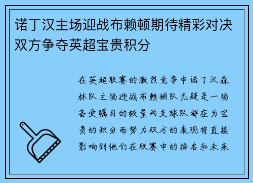 诺丁汉主场迎战布赖顿期待精彩对决双方争夺英超宝贵积分