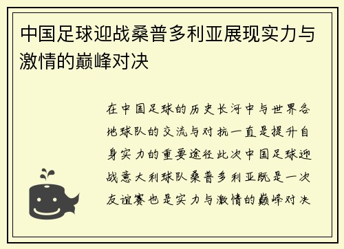 中国足球迎战桑普多利亚展现实力与激情的巅峰对决