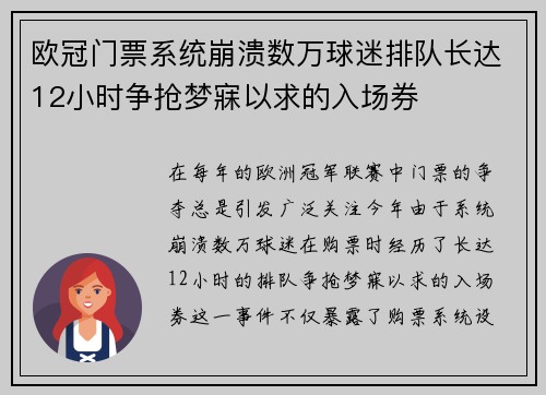 欧冠门票系统崩溃数万球迷排队长达12小时争抢梦寐以求的入场券