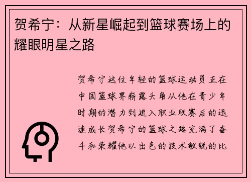 贺希宁：从新星崛起到篮球赛场上的耀眼明星之路