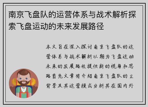 南京飞盘队的运营体系与战术解析探索飞盘运动的未来发展路径