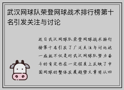 武汉网球队荣登网球战术排行榜第十名引发关注与讨论