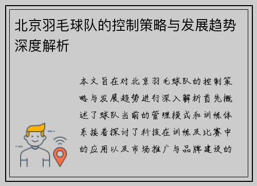 北京羽毛球队的控制策略与发展趋势深度解析